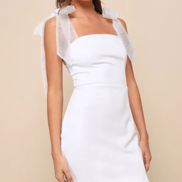 Lulus Beaming Perfection White Pearl Organza Tie-strap Mini Dress - Size L - Picture 1 of 1